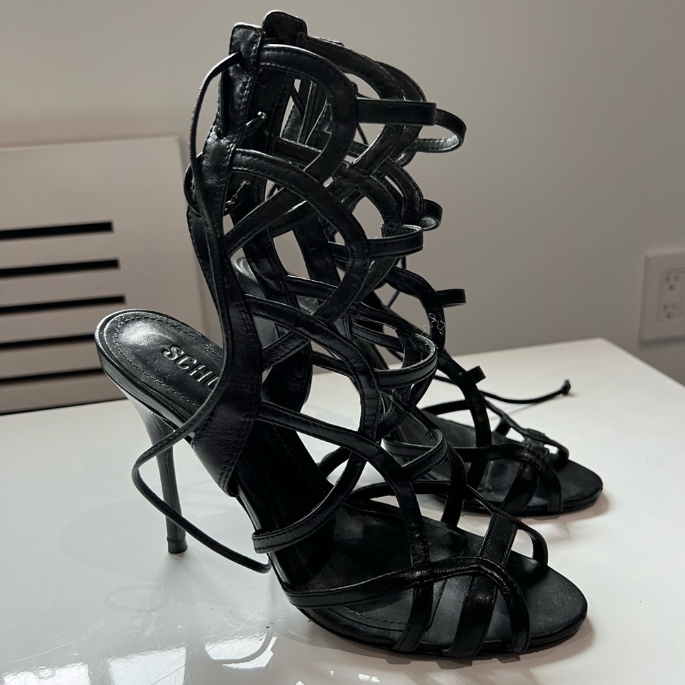 SCHUTZ: Black Leather Strappy Sandal With Lace-Up Closing Size 7
